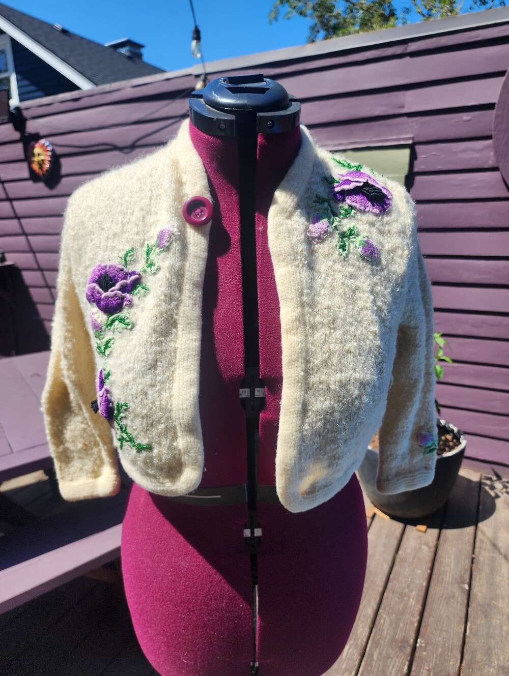 Cream Cropped Cardigan with Purple Floral Embroidery